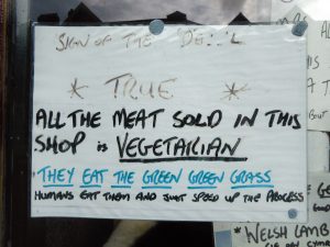 Butcher shop sign in Mahynlleth
